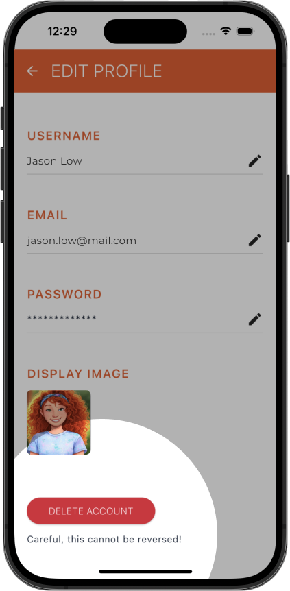 Screenshot showing the Delete Account button