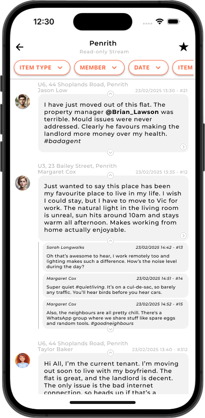 Suburb Stream interface with multiple public chat threads