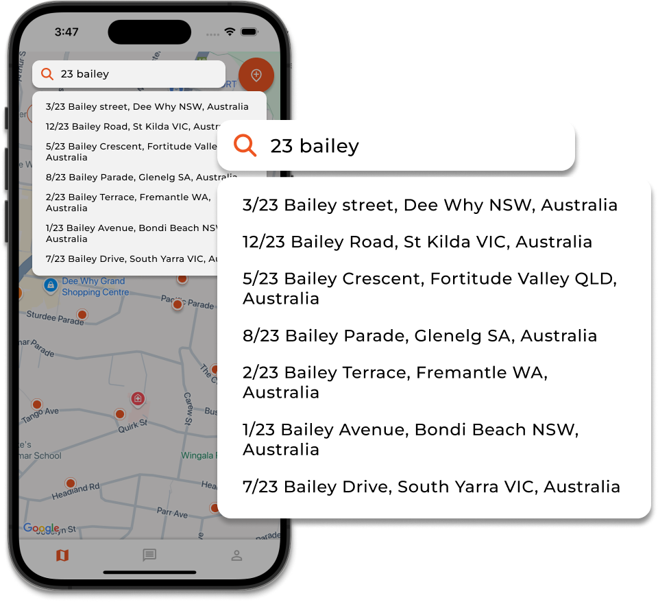 Map screen with property search bar at the top