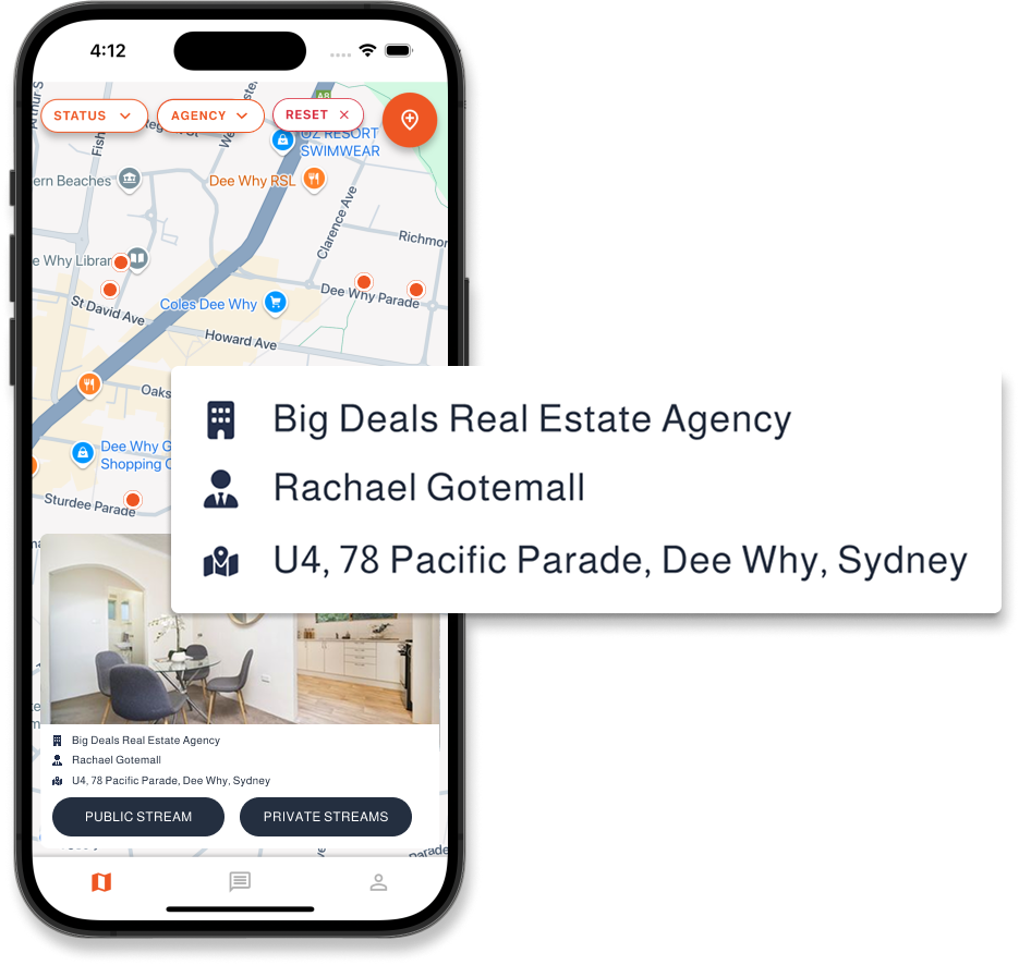 Map with agent icons and property connections highlighted