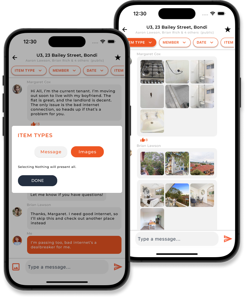Filtering options interface showing likes, dates, and users