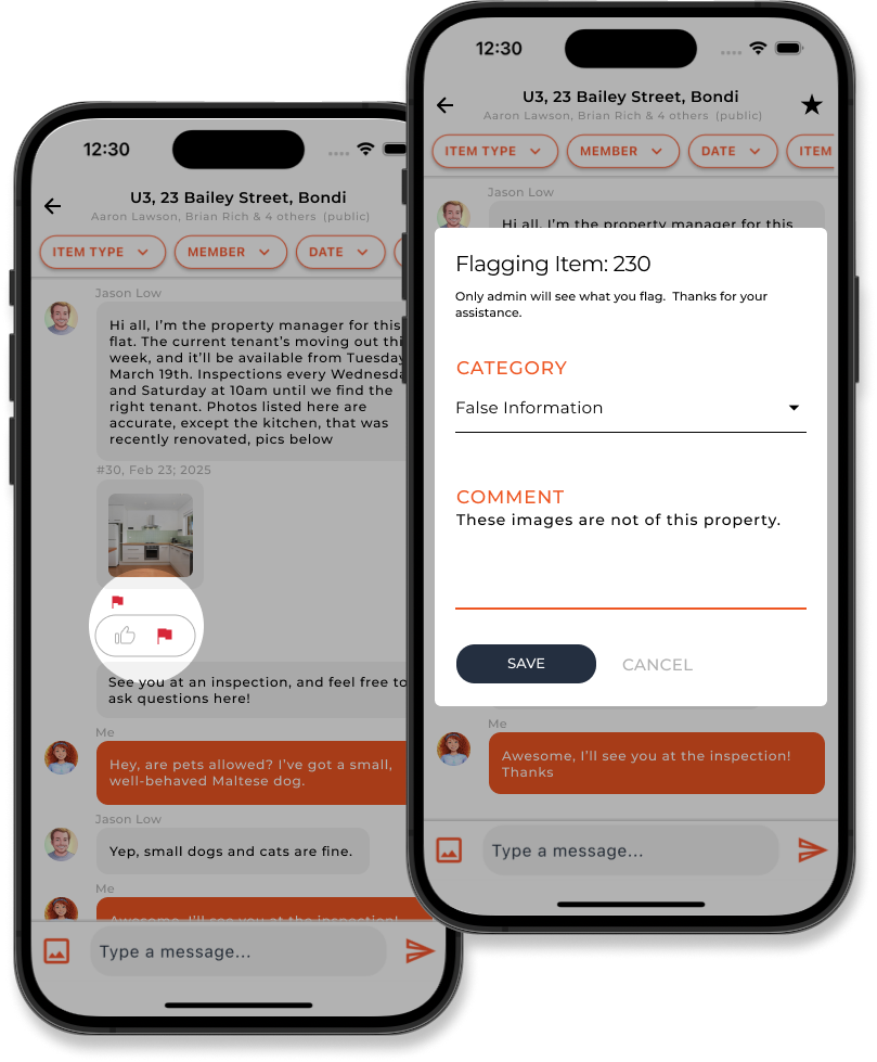 Flag icon used for reporting posts with options visible