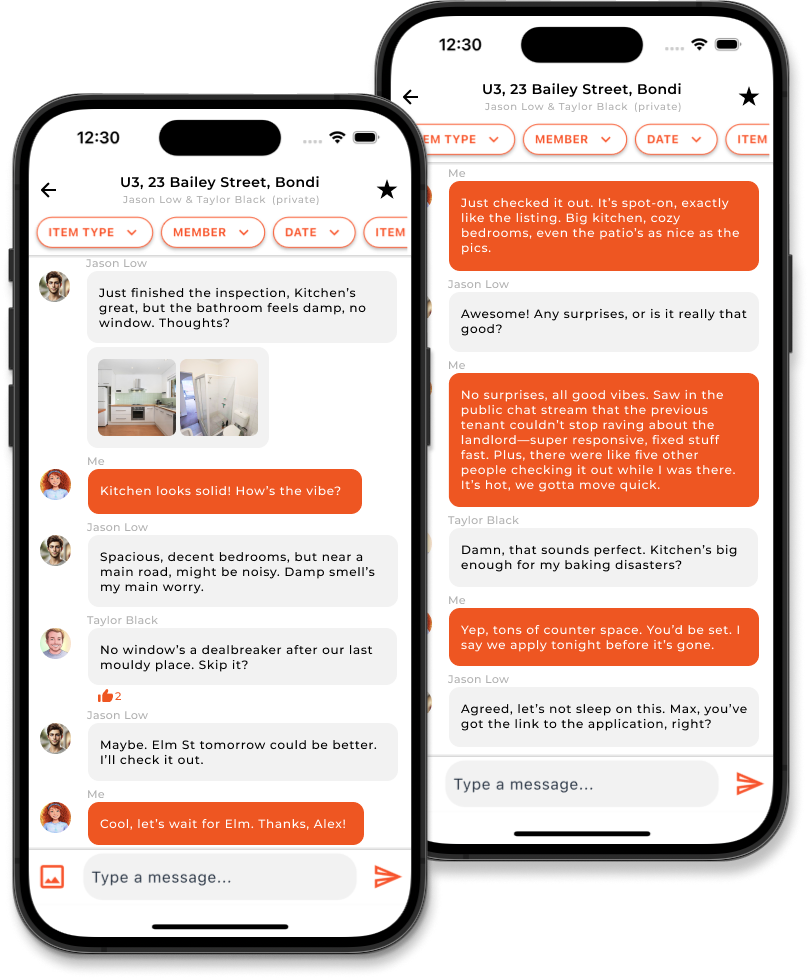 Private chat interface with user avatars and message bubbles