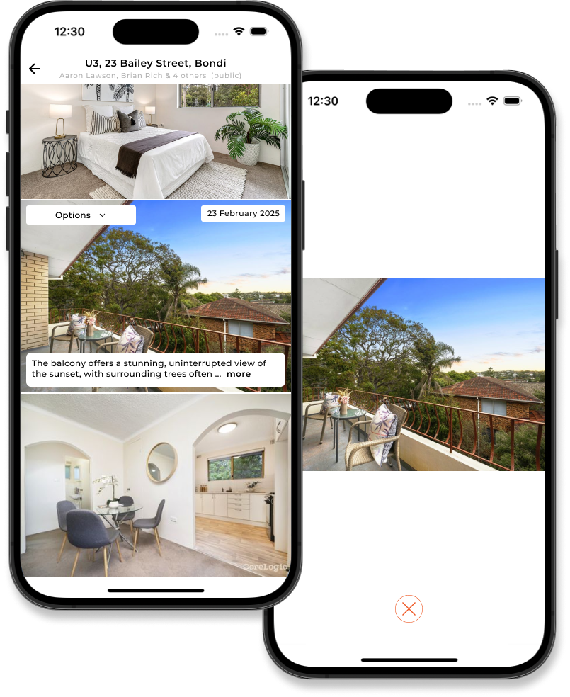 Gallery view with property photos and timestamps